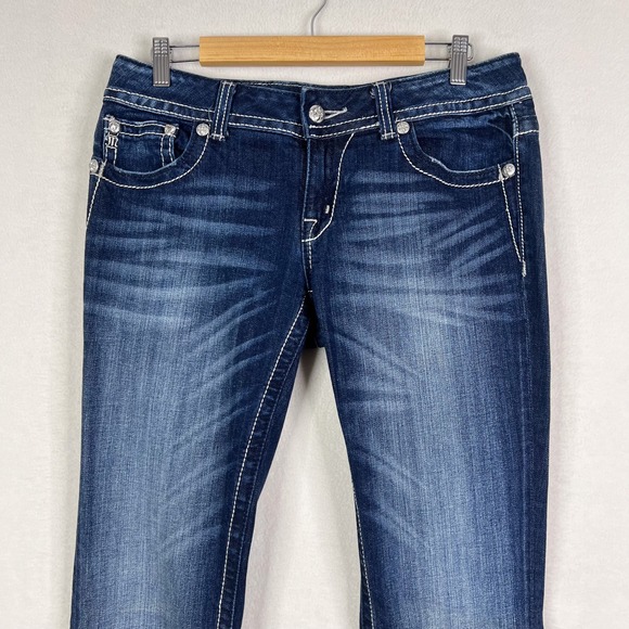 Miss Me Dark Wash Sequin Flap Pockets Low Rise Bootcut Jeans Size 31 - Picture 3 of 15